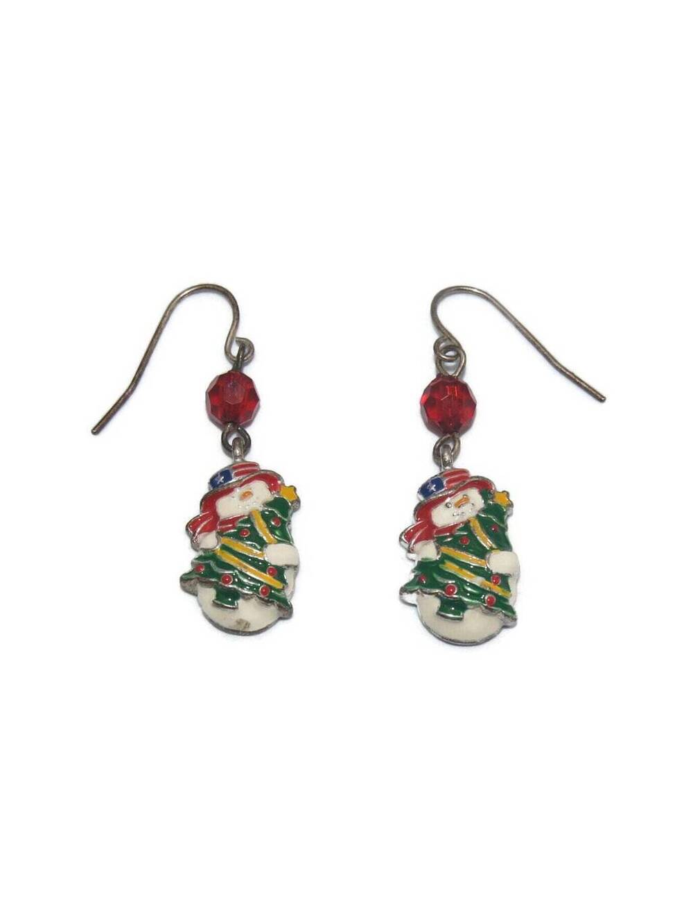 Vintage Silver Tone, Red Beads and Multi Color Enamel Snowman Dangle Earrings.